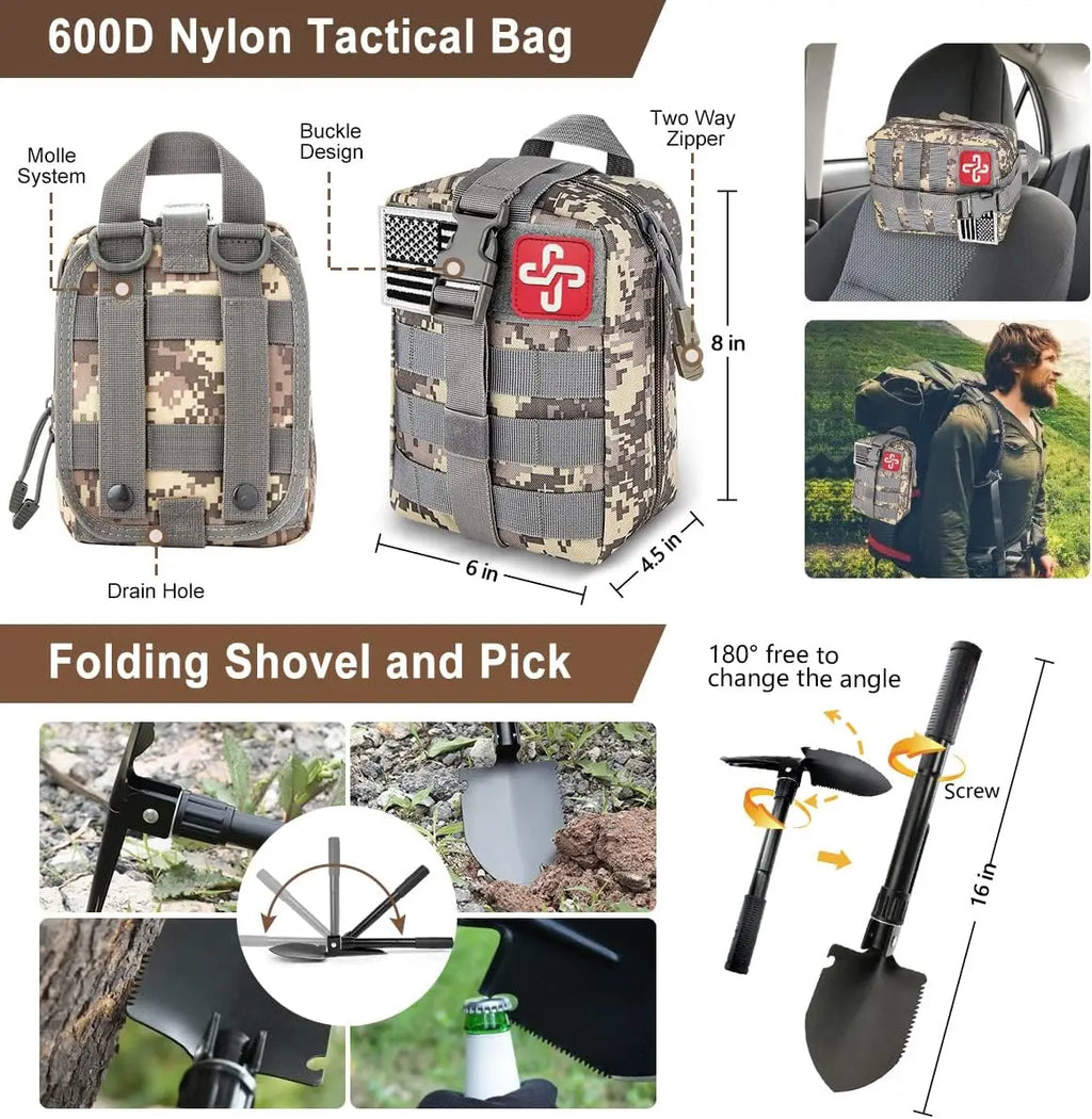 238Pcs Emergency Survival Kit with First Aid, Tactical Molle Pouch & Tent for Outdoor Adventure, Camping, Hiking