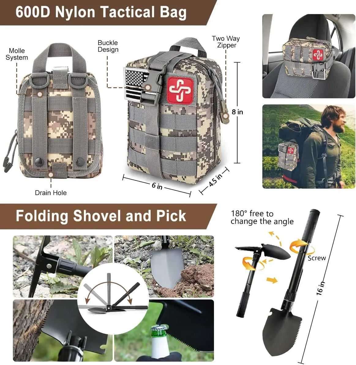 238Pcs Emergency Survival Kit with First Aid, Tactical Molle Pouch & Tent for Outdoor Adventure, Camping, Hiking