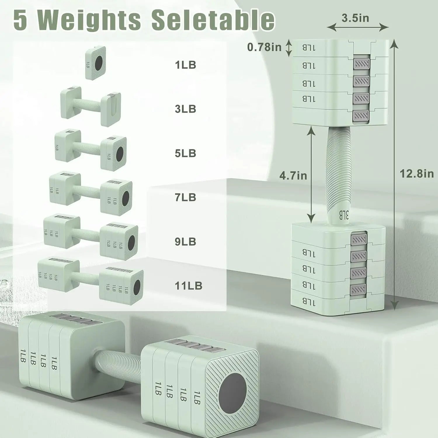 5-in-1 Adjustable Dumbbell Set, 3lb to 11lb Weights for Home Gym Workout, Compact Design