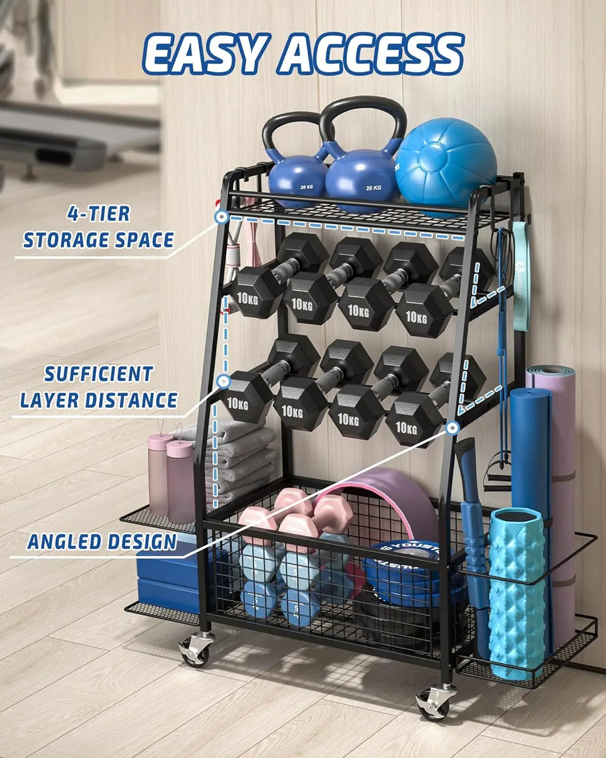Dumbbell Weight Rack with 4 Wheels and Dual-Side Storage for Home Gym Organization