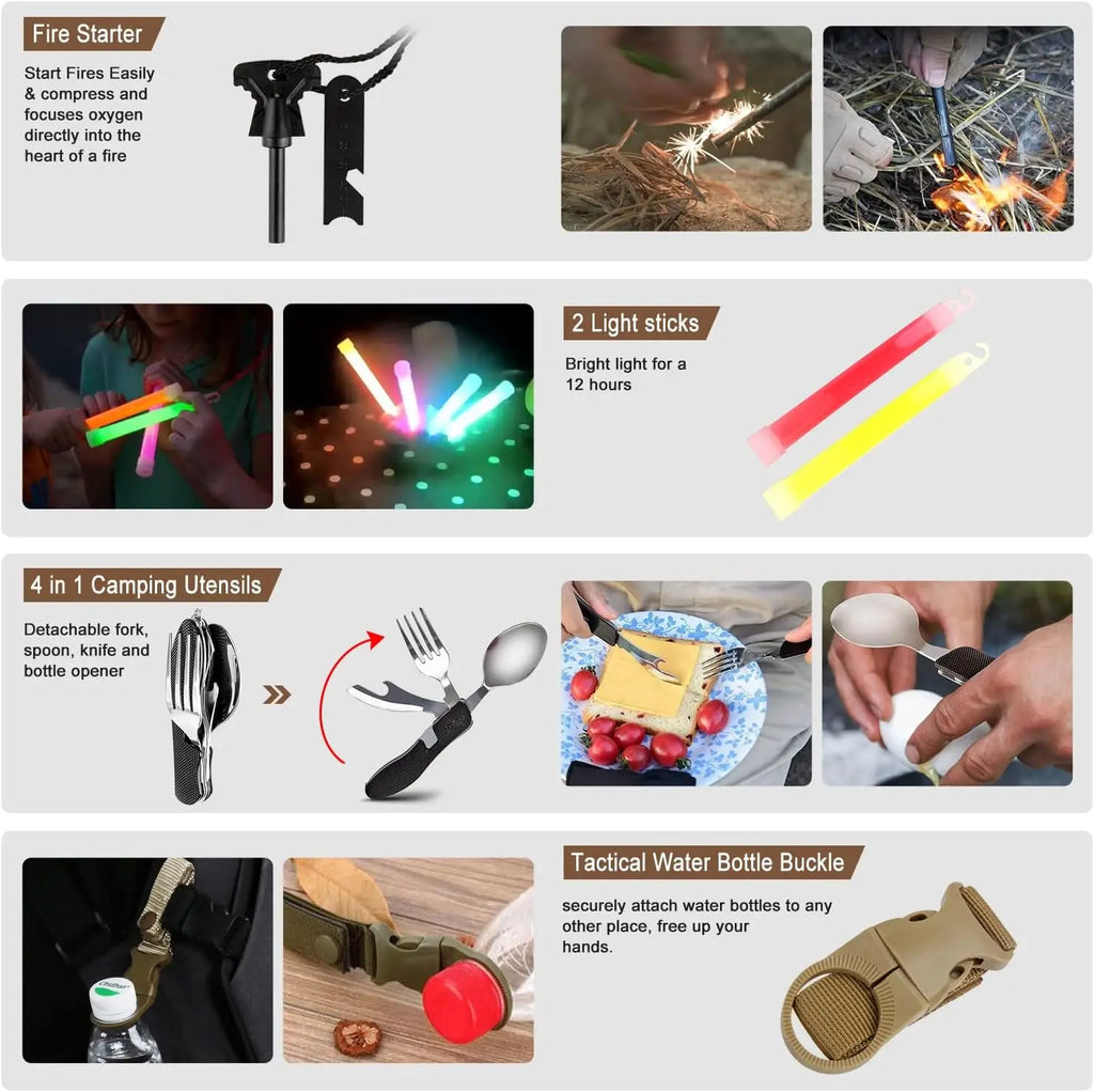 238Pcs Emergency Survival Kit with First Aid, Tactical Molle Pouch & Tent for Outdoor Adventure, Camping, Hiking