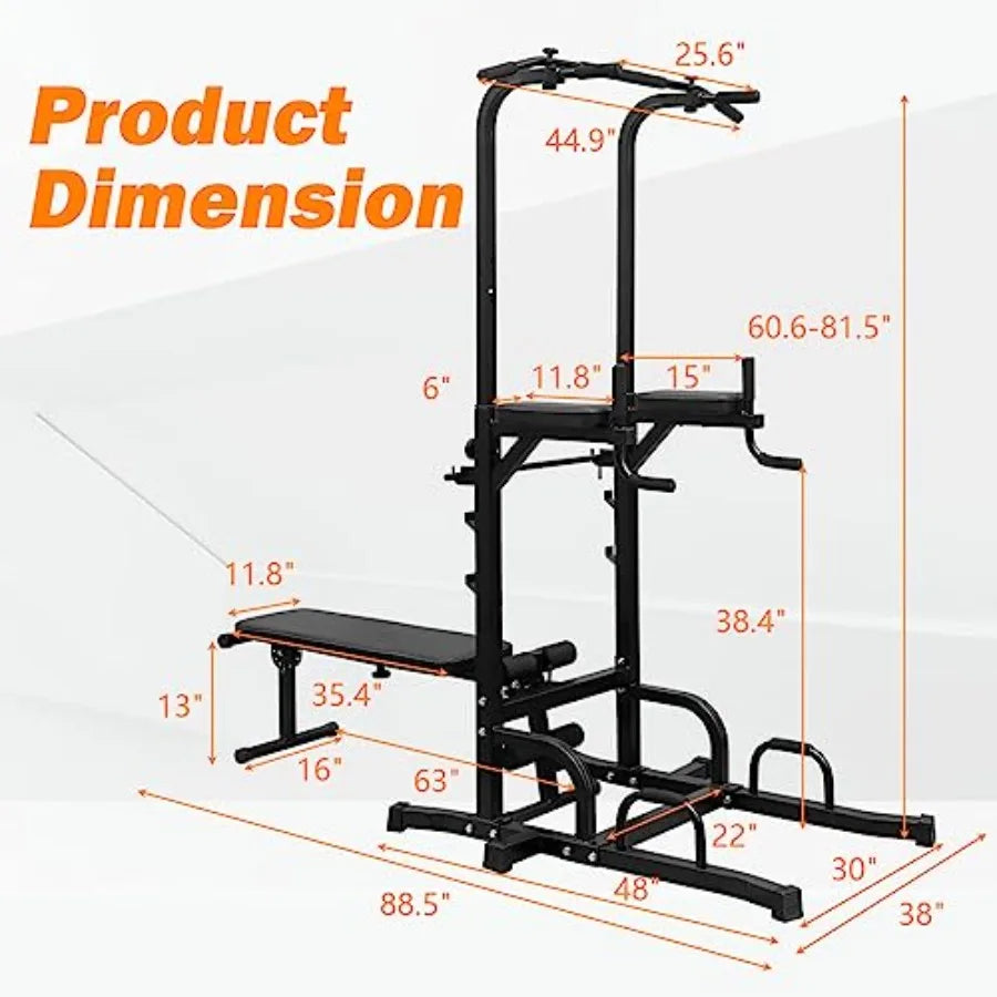 Power Tower with Weight Bench Adjustable Height Dip Bar Station Pull Up Dip Station for Home Gym Multi-function Dip Station Pul