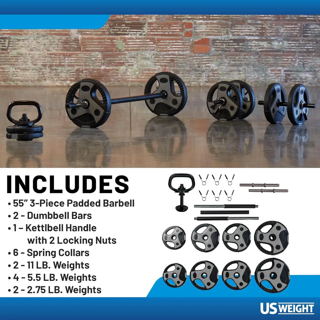 Adjustable Home Gym Weight Set with Barbell, Dumbbell Bars & Kettlebell Handle for Versatile Workouts