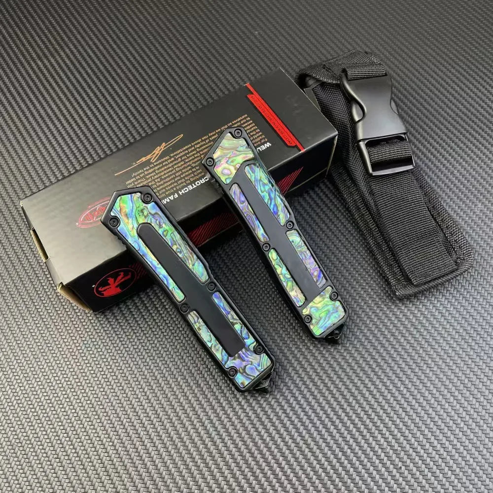 Tactical Folding Knife, Abalone Shell Handle, Colored Blade, Black, High-Quality Outdoor Camping Survival Multi-Function EDC