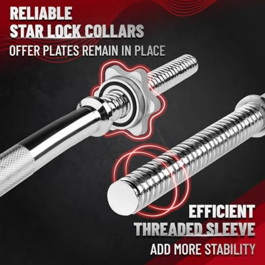 Standard Straight Barbell 60" and EZ Curl Bar 47" Capacity 200 to 480 LB Weight Bar 1" to 2" Diameter - Star Lock Collars Rubbe