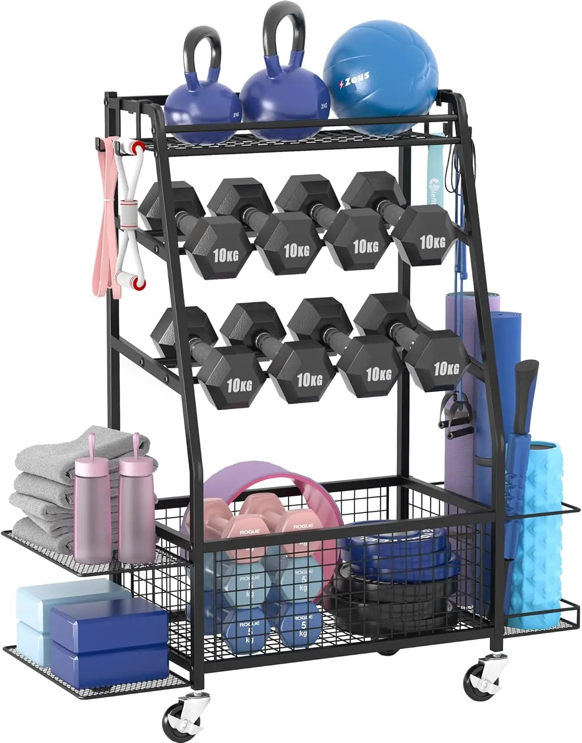 Dumbbell Weight Rack with 4 Wheels and Dual-Side Storage for Home Gym Organization