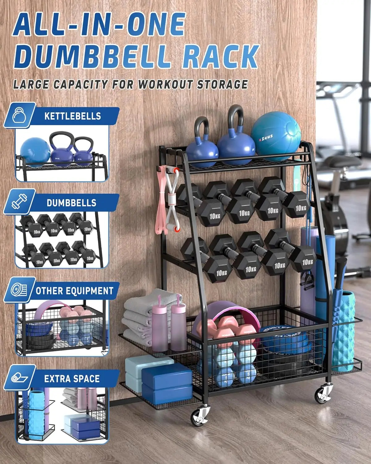 Dumbbell Weight Rack with 4 Wheels and Dual-Side Storage for Home Gym Organization