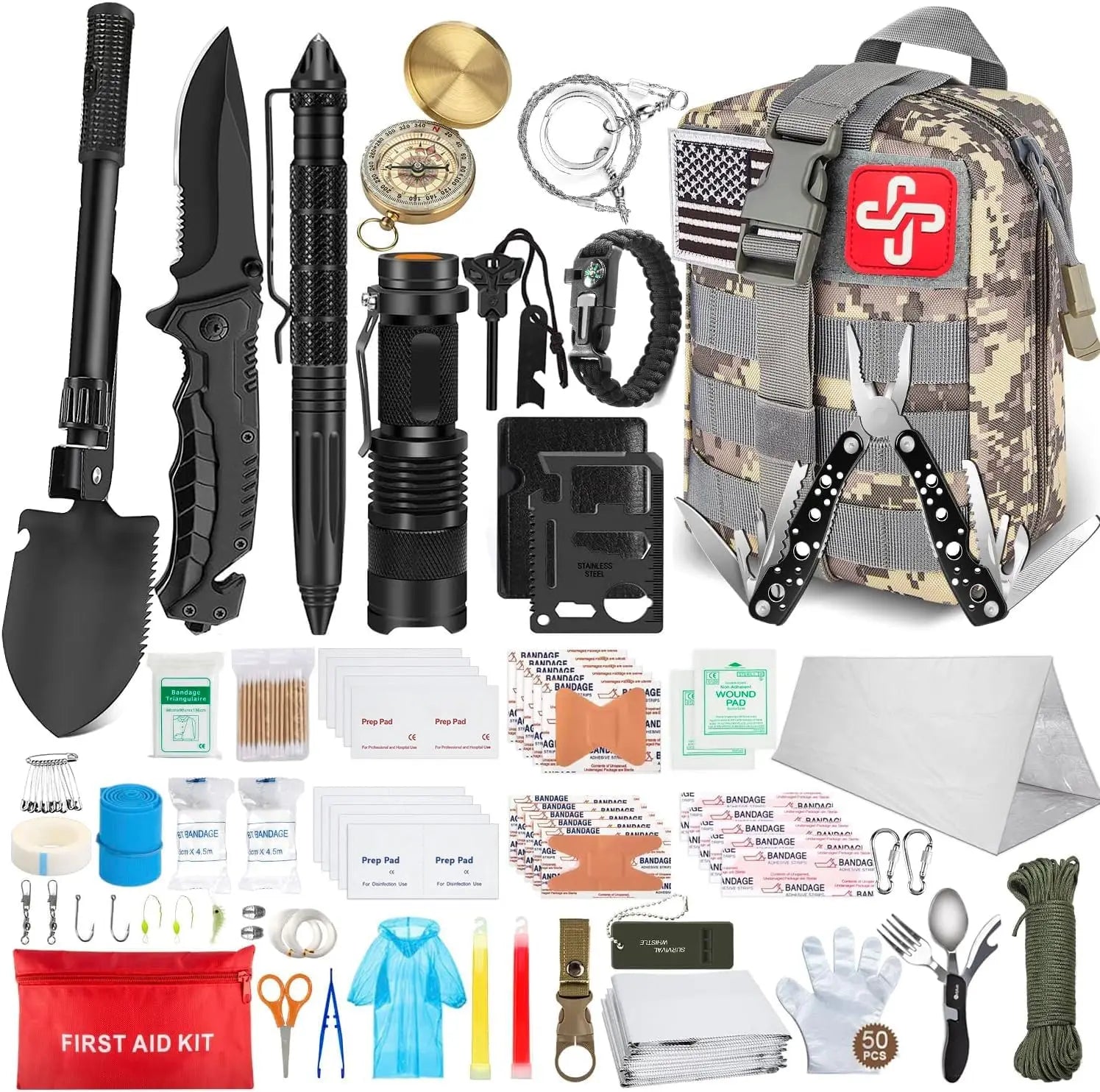 238Pcs Emergency Survival Kit with First Aid, Tactical Molle Pouch & Tent for Outdoor Adventure, Camping, Hiking