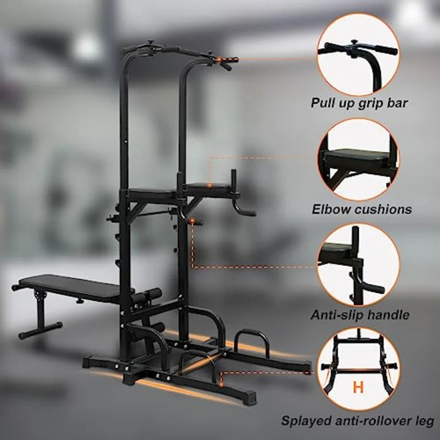 Power Tower with Weight Bench Adjustable Height Dip Bar Station Pull Up Dip Station for Home Gym Multi-function Dip Station Pul