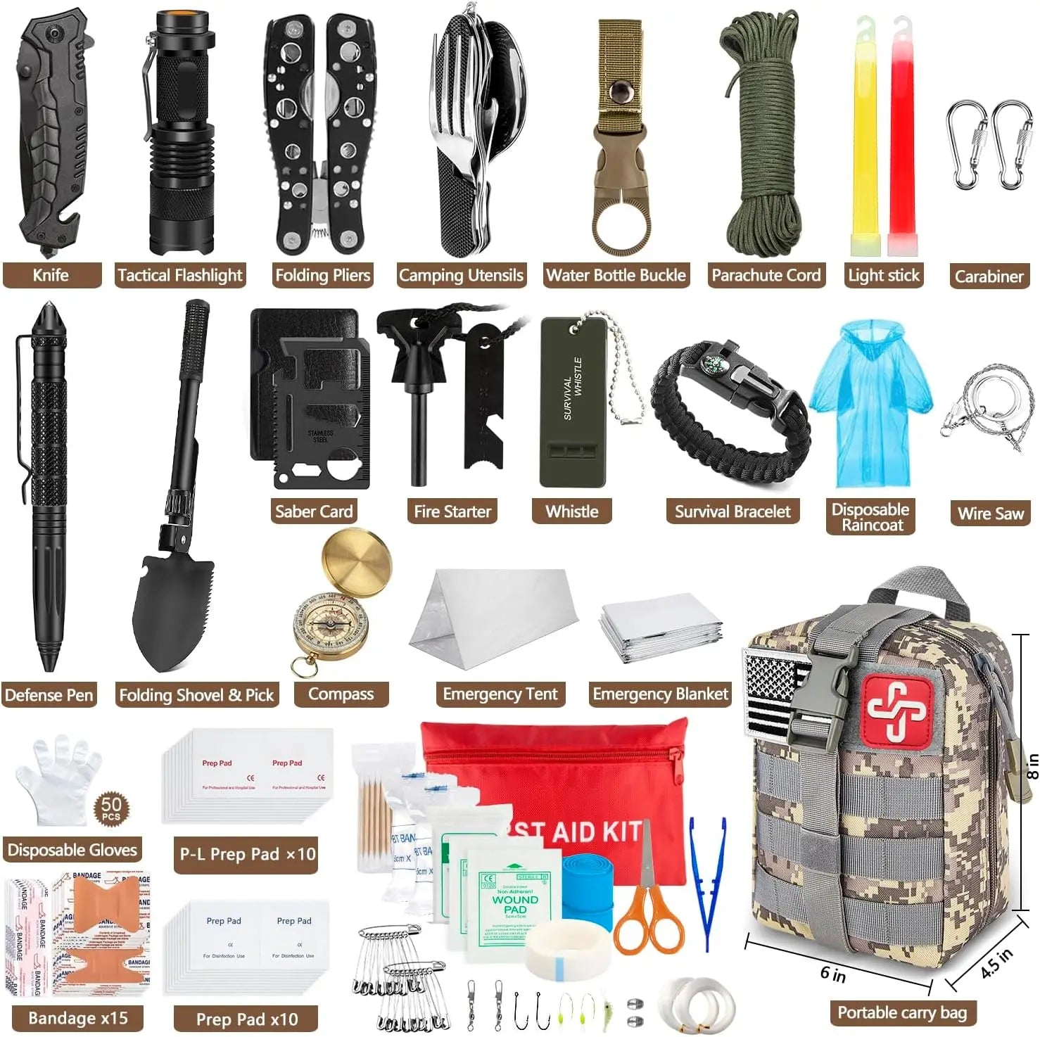 238Pcs Emergency Survival Kit with First Aid, Tactical Molle Pouch & Tent for Outdoor Adventure, Camping, Hiking