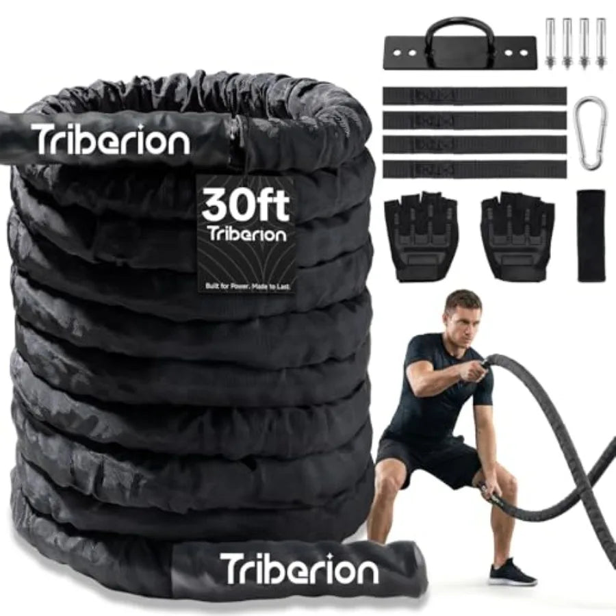 Battle Rope for Home Gym Workout - 1.5 Inch 30ft Heavy Weighted Training Exercise Ropes Fitness Equipment with Sleeve and Ancho