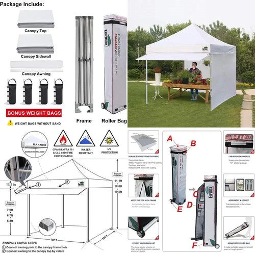 10x10 USA Outdoor Party Tent with 4 Zippered Sides, Roller Bag, Sand Bags & Awning (White)