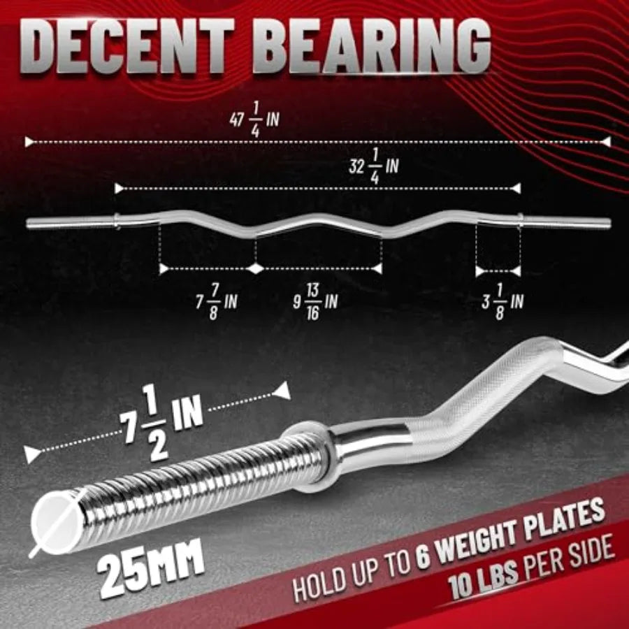 Standard Straight Barbell 60" and EZ Curl Bar 47" Capacity 200 to 480 LB Weight Bar 1" to 2" Diameter - Star Lock Collars Rubbe