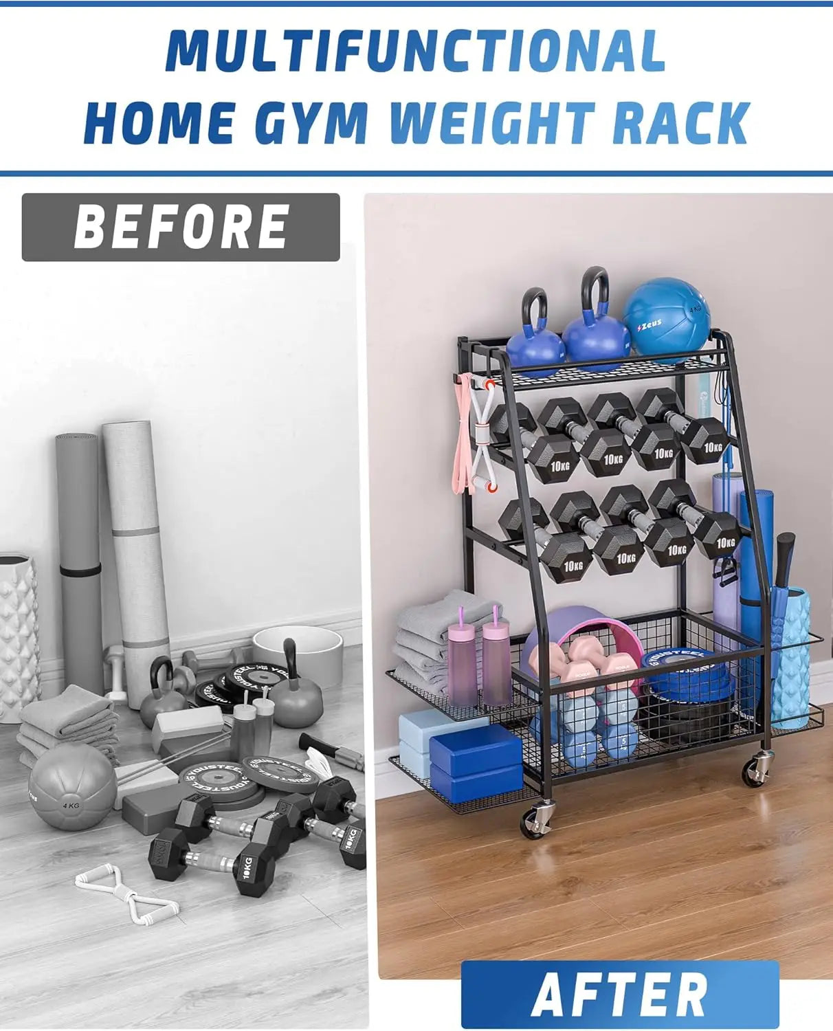 Dumbbell Weight Rack with 4 Wheels and Dual-Side Storage for Home Gym Organization